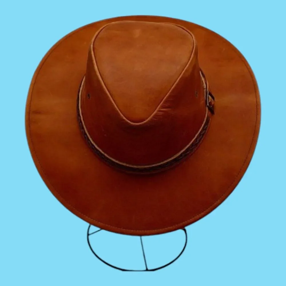 Colombian Crafted Small Brown Leather Western Cowboy Outback Boho Distressed Hat